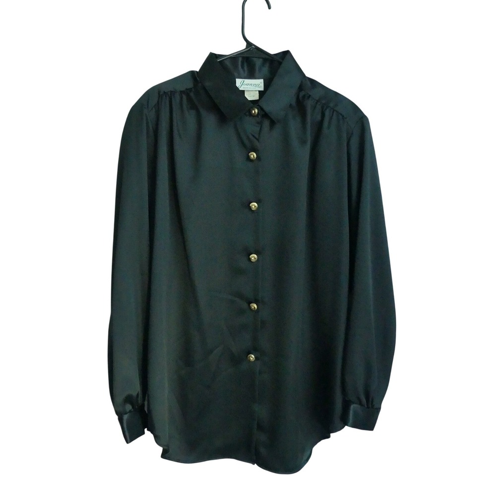 Joanna Vintage Black Satin Gold Button Blouse Large Minimal Capsule Made in USA